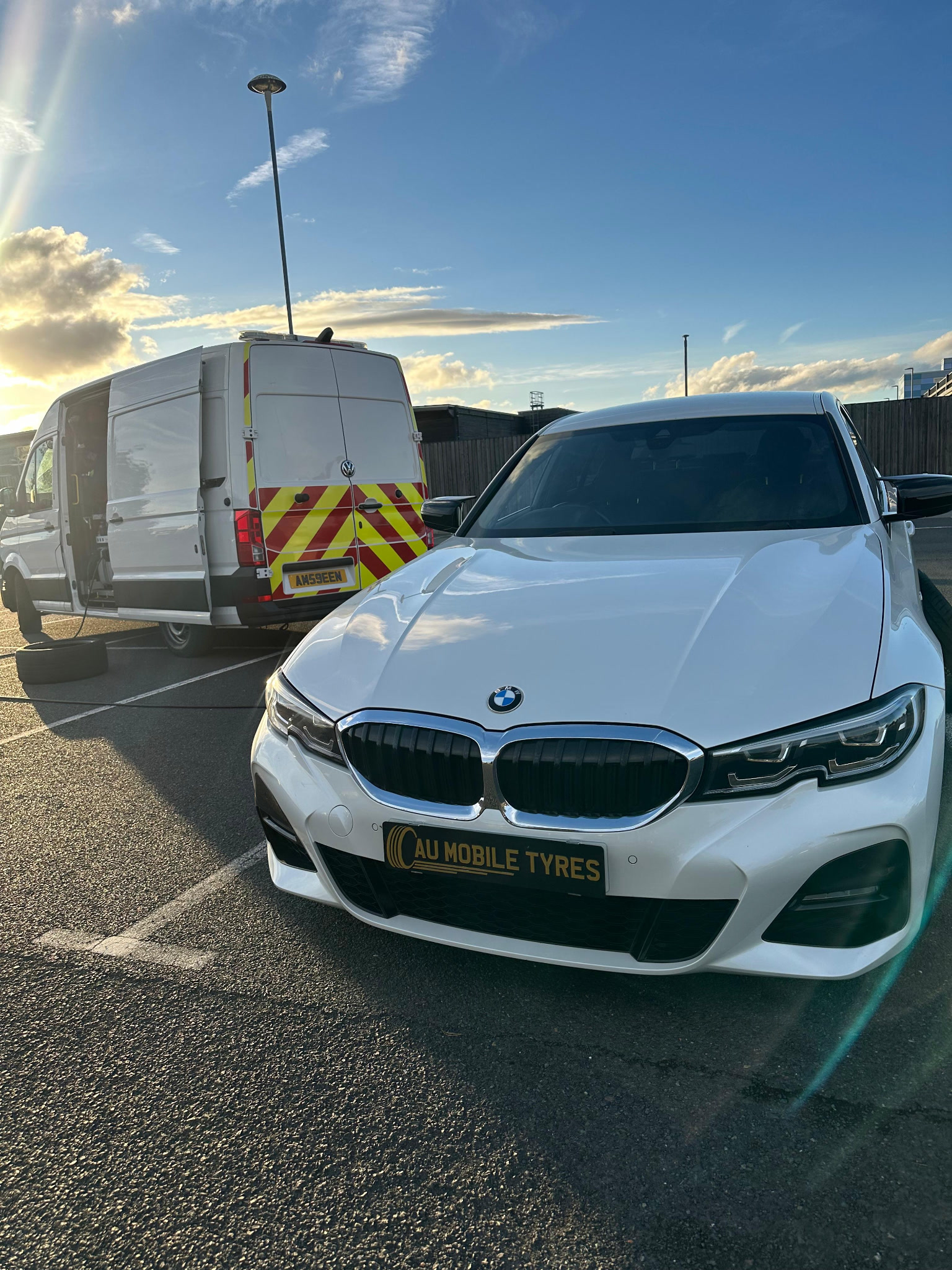 AU Mobile Tyres car and service van at a mobile tyre visit