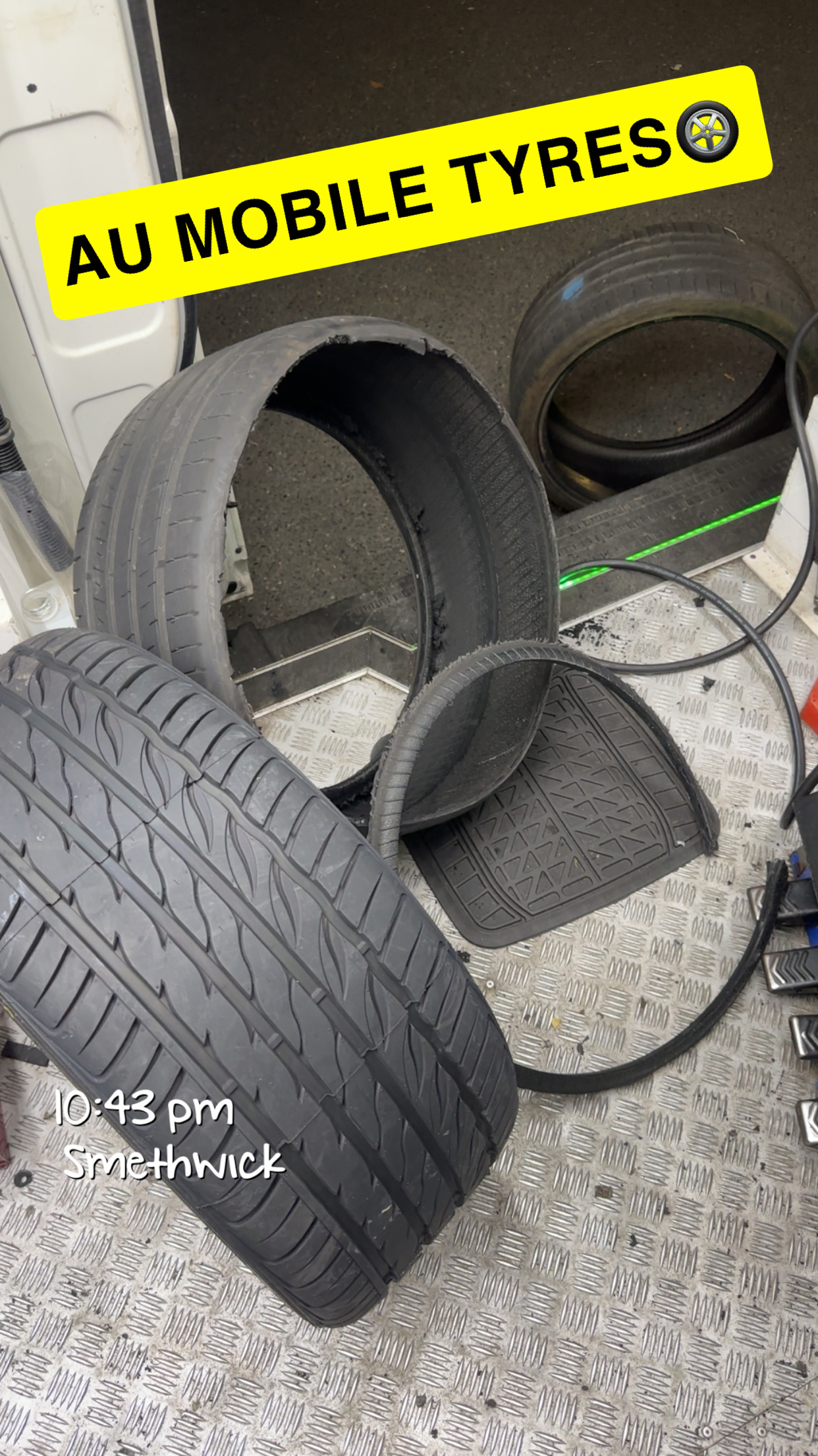 Damaged tyre and replacement tyre